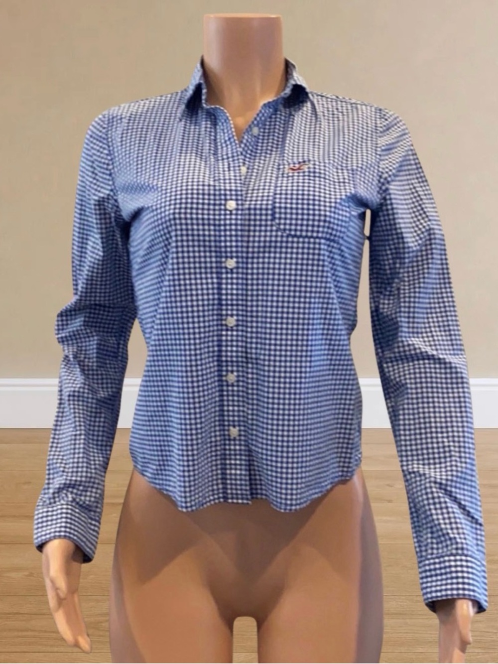 Hollister Blue White Gingham Button Down Shirt Long Sleeve XS